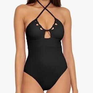 New! BECCA Pucker Up Candice Textured Halter Cut‎ Out One Piece Swimsuit